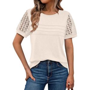 imageAUTOMET Womens Short Sleeve Shirts Dressy Lace Summer Tops 2025 Spring Trendy Casual TShirts Cute Work Outfits BlousesApricot