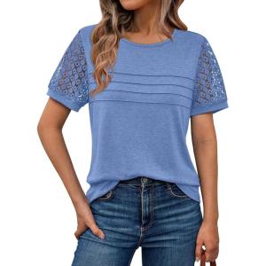 imageAUTOMET Womens Short Sleeve Shirts Dressy Lace Summer Tops 2025 Spring Trendy Casual TShirts Cute Work Outfits BlousesBlue