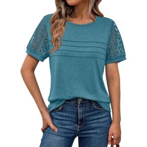 imageAUTOMET Womens Short Sleeve Shirts Dressy Lace Summer Tops 2025 Spring Trendy Casual TShirts Cute Work Outfits BlousesBlue Green