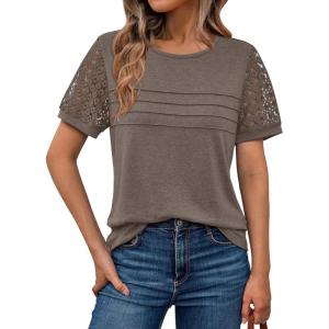 imageAUTOMET Womens Short Sleeve Shirts Dressy Lace Summer Tops 2025 Spring Trendy Casual TShirts Cute Work Outfits BlousesCoffee Grey
