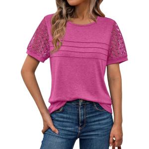 imageAUTOMET Womens Short Sleeve Shirts Dressy Lace Summer Tops 2025 Spring Trendy Casual TShirts Cute Work Outfits BlousesFuscia