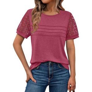 imageAUTOMET Womens Short Sleeve Shirts Dressy Lace Summer Tops 2025 Spring Trendy Casual TShirts Cute Work Outfits BlousesRose