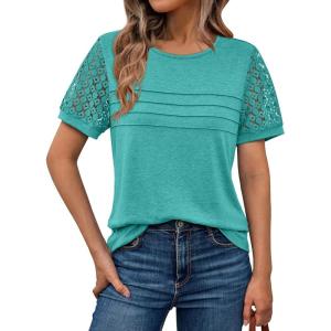 imageAUTOMET Womens Short Sleeve Shirts Dressy Lace Summer Tops 2025 Spring Trendy Casual TShirts Cute Work Outfits BlousesTeal