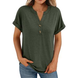 imageAUTOMET Womens Short Sleeve Shirts Henley Dressy Casual Summer Tops 2025 Trendy Blouses Cute TShirts Outfits ClothesArmy Green