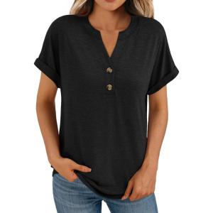 imageAUTOMET Womens Short Sleeve Shirts Henley Dressy Casual Summer Tops 2025 Trendy Blouses Cute TShirts Outfits ClothesBlack
