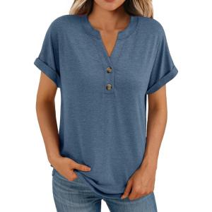 imageAUTOMET Womens Short Sleeve Shirts Henley Dressy Casual Summer Tops 2025 Trendy Blouses Cute TShirts Outfits ClothesBlue