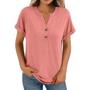 imageAUTOMET Womens Short Sleeve Shirts Henley Dressy Casual Summer Tops 2025 Trendy Blouses Cute TShirts Outfits ClothesCoral