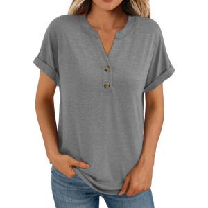 imageAUTOMET Womens Short Sleeve Shirts Henley Dressy Casual Summer Tops 2025 Trendy Blouses Cute TShirts Outfits ClothesGray