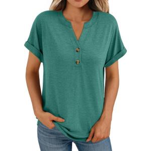 imageAUTOMET Womens Short Sleeve Shirts Henley Dressy Casual Summer Tops 2025 Trendy Blouses Cute TShirts Outfits ClothesGreen