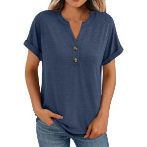 imageAUTOMET Womens Short Sleeve Shirts Henley Dressy Casual Summer Tops 2025 Trendy Blouses Cute TShirts Outfits ClothesNavy