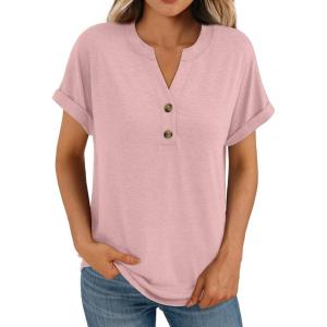imageAUTOMET Womens Short Sleeve Shirts Henley Dressy Casual Summer Tops 2025 Trendy Blouses Cute TShirts Outfits ClothesPink