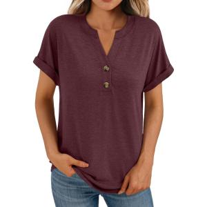imageAUTOMET Womens Short Sleeve Shirts Henley Dressy Casual Summer Tops 2025 Trendy Blouses Cute TShirts Outfits ClothesWine