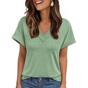 imageAUTOMET Womens Tops Short Sleeve T Shirt Summer V Neck Casual Top 2025 Spring Cute Basic Trendy Outfits FashionLightgreen