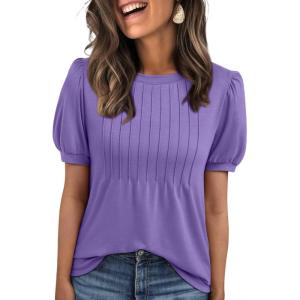 imageAUTOMET Womens Tops Short Sleeve TShirts Blouses Dressy Casual Business Puff Pleated Summer Fashion 2025 Basic Comfy ClothesPurple