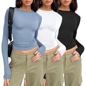 imageAUTOMET 3 Pack Womens Long Sleeve T Shirts Fall Fashion Basic Going Out Crop Tops Slim Fitted Winter Clothes 2025Black white blue Gray