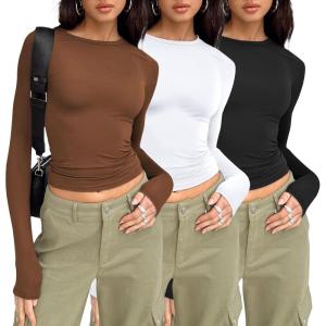 imageAUTOMET 3 Pack Womens Long Sleeve T Shirts Fall Fashion Basic Going Out Crop Tops Slim Fitted Winter Clothes 2025Black white brown