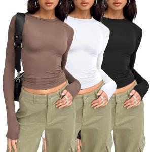 imageAUTOMET 3 Pack Womens Long Sleeve T Shirts Fall Fashion Basic Going Out Crop Tops Slim Fitted Winter Clothes 2025Black white coffee Gray