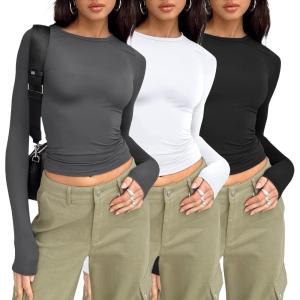 imageAUTOMET 3 Pack Womens Long Sleeve T Shirts Fall Fashion Basic Going Out Crop Tops Slim Fitted Winter Clothes 2025Black white gray