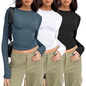 imageAUTOMET 3 Pack Womens Long Sleeve T Shirts Fall Fashion Basic Going Out Crop Tops Slim Fitted Winter Clothes 2025Black white haze Blue