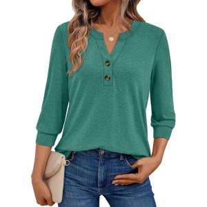 imageAUTOMET Womens Blouses Henley V Neck Shirts 34 Length Sleeve Summer Tops