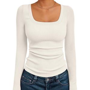 imageAUTOMET Womens Long Sleeve Shirts Square Neck Tops Ribbed Knit Basic Teen Girls Crop Tops Fall Outfits Fashion Clothes 2025Apricot