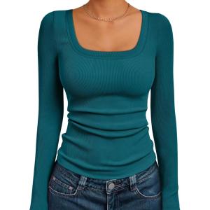imageAUTOMET Womens Long Sleeve Shirts Square Neck Tops Ribbed Knit Basic Teen Girls Crop Tops Fall Outfits Fashion Clothes 2025Bluegreen