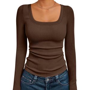 imageAUTOMET Womens Long Sleeve Shirts Square Neck Tops Ribbed Knit Basic Teen Girls Crop Tops Fall Outfits Fashion Clothes 2025Brown
