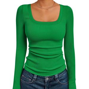 imageAUTOMET Womens Long Sleeve Shirts Square Neck Tops Ribbed Knit Basic Teen Girls Crop Tops Fall Outfits Fashion Clothes 2025Green