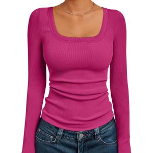 imageAUTOMET Womens Long Sleeve Shirts Square Neck Tops Ribbed Knit Basic Teen Girls Crop Tops Fall Outfits Fashion Clothes 2025Hotpink