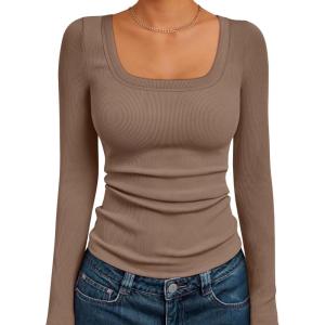 imageAUTOMET Womens Long Sleeve Shirts Square Neck Tops Ribbed Knit Basic Teen Girls Crop Tops Fall Outfits Fashion Clothes 2025Khaki