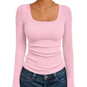 imageAUTOMET Womens Long Sleeve Shirts Square Neck Tops Ribbed Knit Basic Teen Girls Crop Tops Fall Outfits Fashion Clothes 2025Pink