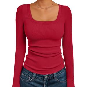 imageAUTOMET Womens Long Sleeve Shirts Square Neck Tops Ribbed Knit Basic Teen Girls Crop Tops Fall Outfits Fashion Clothes 2025Red