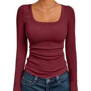 imageAUTOMET Womens Long Sleeve Shirts Square Neck Tops Ribbed Knit Basic Teen Girls Crop Tops Fall Outfits Fashion Clothes 2025Wine