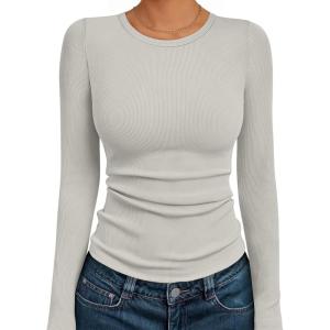 imageAUTOMET Womens Long Sleeve Blouses Shirts with Ribbed Knit Work Office Basic TopsAlmond