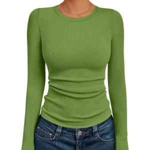 imageAUTOMET Womens Long Sleeve Blouses Shirts with Ribbed Knit Work Office Basic TopsAvocado Green