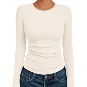 imageAUTOMET Womens Long Sleeve Blouses Shirts with Ribbed Knit Work Office Basic TopsBeige