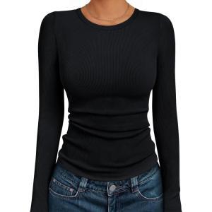 imageAUTOMET Womens Long Sleeve Blouses Shirts with Ribbed Knit Work Office Basic TopsBlack