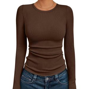 imageAUTOMET Womens Long Sleeve Blouses Shirts with Ribbed Knit Work Office Basic TopsBrown
