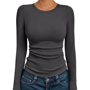 imageAUTOMET Womens Long Sleeve Blouses Shirts with Ribbed Knit Work Office Basic TopsCharcoal
