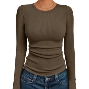 imageAUTOMET Womens Long Sleeve Blouses Shirts with Ribbed Knit Work Office Basic TopsCoffee