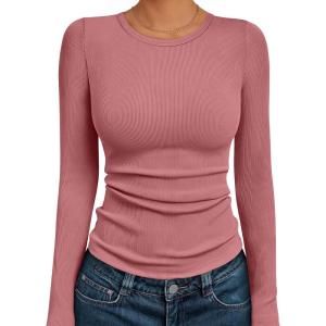imageAUTOMET Womens Long Sleeve Blouses Shirts with Ribbed Knit Work Office Basic TopsCoral