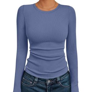 imageAUTOMET Womens Long Sleeve Blouses Shirts with Ribbed Knit Work Office Basic TopsDusty Blue