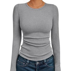 imageAUTOMET Womens Long Sleeve Blouses Shirts with Ribbed Knit Work Office Basic TopsGrey