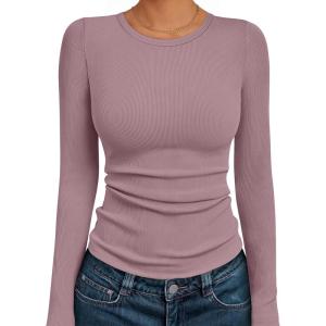 imageAUTOMET Womens Long Sleeve Blouses Shirts with Ribbed Knit Work Office Basic TopsGrey Pink