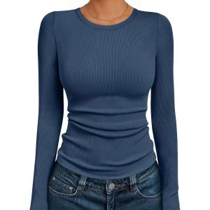 imageAUTOMET Womens Long Sleeve Blouses Shirts with Ribbed Knit Work Office Basic TopsHaze Blue