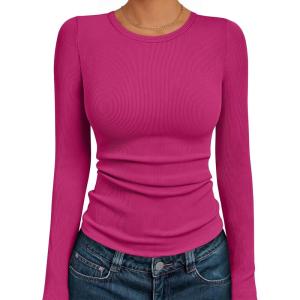 imageAUTOMET Womens Long Sleeve Blouses Shirts with Ribbed Knit Work Office Basic TopsHot Pink