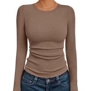 imageAUTOMET Womens Long Sleeve Blouses Shirts with Ribbed Knit Work Office Basic TopsKhaki