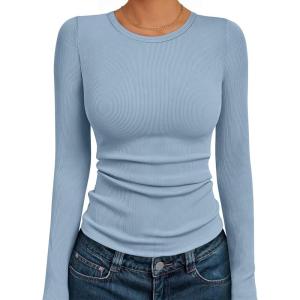 imageAUTOMET Womens Long Sleeve Blouses Shirts with Ribbed Knit Work Office Basic TopsLight Blue