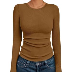 imageAUTOMET Womens Long Sleeve Blouses Shirts with Ribbed Knit Work Office Basic TopsLight Brown