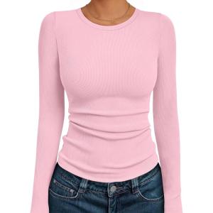 imageAUTOMET Womens Long Sleeve Blouses Shirts with Ribbed Knit Work Office Basic TopsLight Pink
